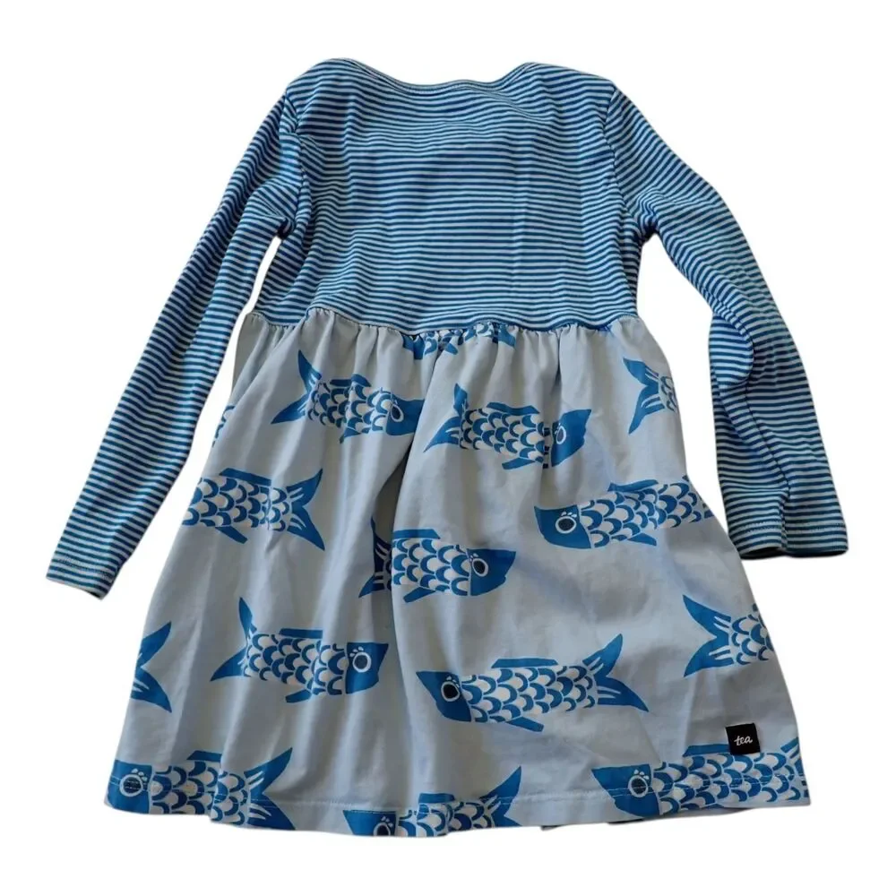 Tea Collection Dress 3T Toddler Blue Striped Dress Fish Print Long Sleeve Casual